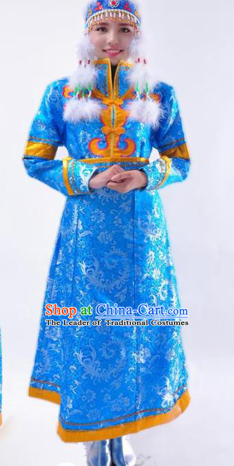 Chinese Mongol Nationality Wedding Costume Blue Mongolian Dress Traditional Mongolian Minority Clothing for Women