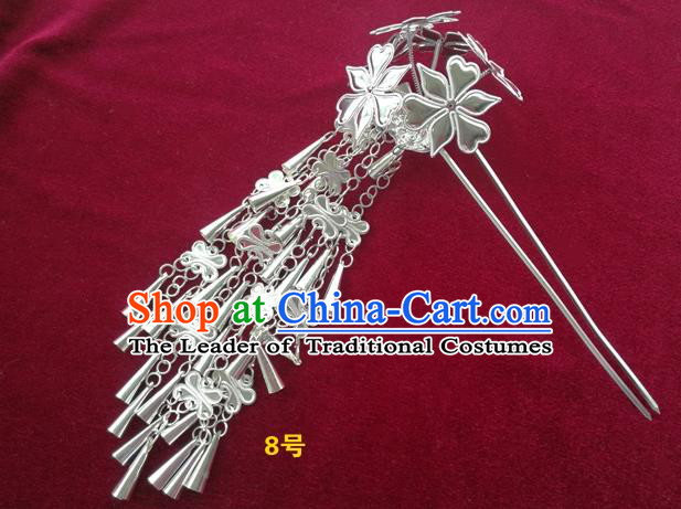 Chinese Traditional Miao Nationality Hair Accessories, Hmong Sliver Bells Tassel Flowers Hairpins Headwear for Women