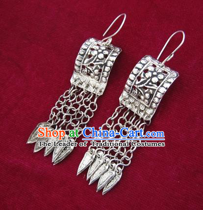 Chinese Handmade Miao Nationality Accessories Hmong Long Tassel Sliver Earrings for Women