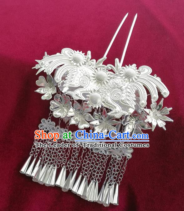 Chinese Traditional Miao Nationality Hair Accessories, Hmong Sliver Bells Tassel Hairpins Headwear for Women