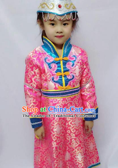 Chinese Mongol Nationality Costume Pink Mongolian Robe Traditional Mongolian Minority Clothing for Kids