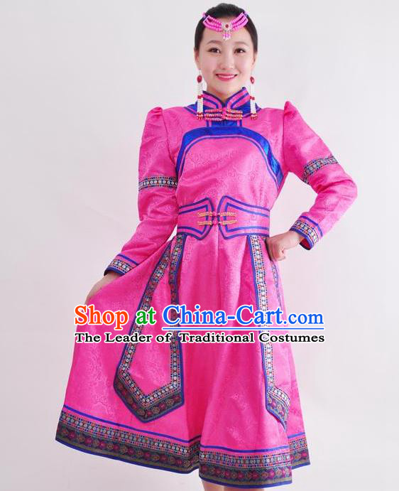 Chinese Mongol Nationality Folk Dance Rosy Dress Costume Traditional Mongolian Minority Clothing for Women