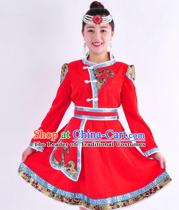 Chinese Mongol Nationality Costume Traditional Mongolian Folk Dance Red Mongolian Robe for Women