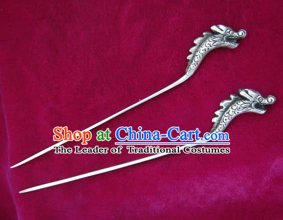 Chinese Traditional Miao Nationality Hair Accessories Hmong Sliver Dragon Hairpins Headwear for Women