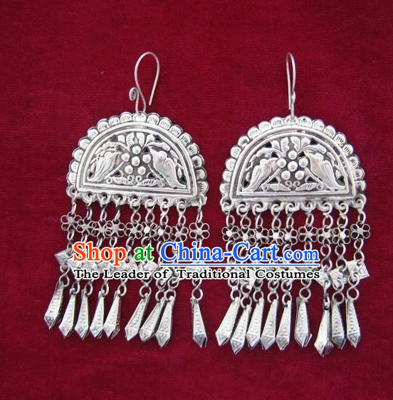 Chinese Handmade Miao Nationality Jewelry Accessories Hmong Sliver Carving Birds Earrings for Women