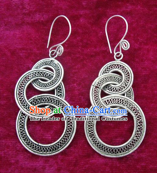 Chinese Handmade Miao Nationality Earbob Jewelry Accessories Hmong Sliver Earrings for Women