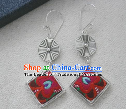 Chinese Handmade Miao Nationality Embroidered Jewelry Accessories Sliver Earbob Hmong Earrings for Women