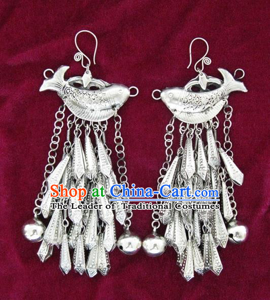 Chinese Handmade Miao Nationality Jewelry Accessories Hmong Sliver Fish Earrings for Women