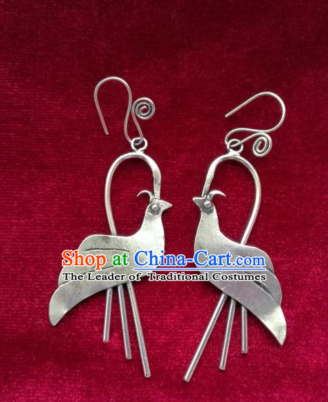 Chinese Handmade Miao Nationality Jewelry Accessories Hmong Bride Sliver Bird Earrings for Women