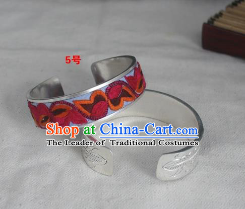 Chinese Miao Nationality Ornaments Sliver Bracelet Traditional Hmong Embroidered Birds Bangle for Women
