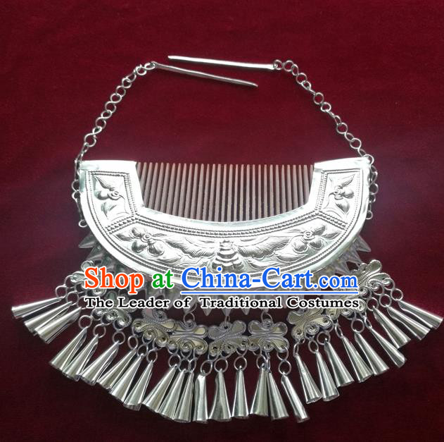 Chinese Traditional Miao Nationality Wedding Hair Comb Hair Accessories Hanfu Sliver Hairpins for Women