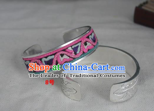 Chinese Miao Nationality Ornaments Embroidered Bracelet Traditional Hmong Sliver Bangle for Women