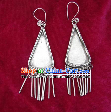 Chinese Handmade Miao Sliver Triangle Eardrop Hmong Nationality Tassel Earrings for Women