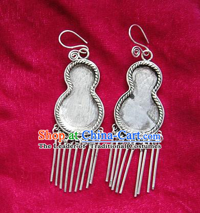 Chinese Handmade Miao Sliver Calabash-shaped Eardrop Hmong Nationality Tassel Earrings for Women