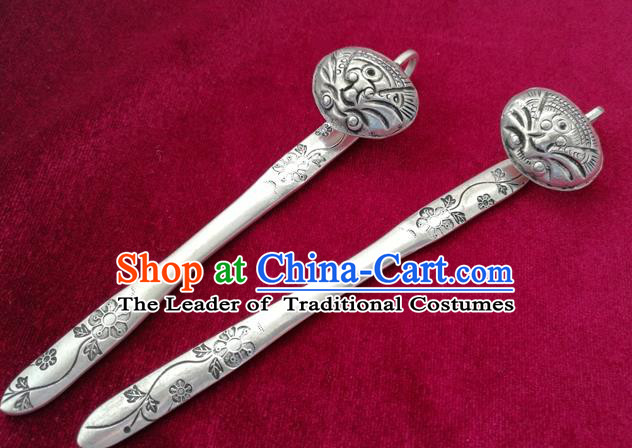 Traditional Chinese Miao Nationality Carving Sliver Hair Clip Hanfu Hairpins Hair Accessories for Women