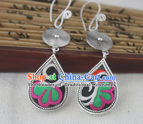 Chinese Handmade Miao Sliver Eardrop Hmong Nationality Embroidered Earrings for Women