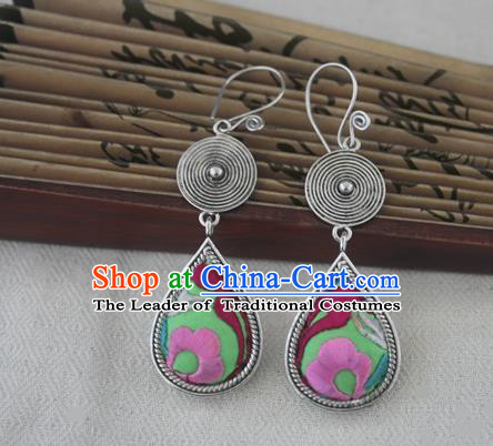 Chinese Handmade Miao Sliver Eardrop Hmong Nationality Embroidered Green Earrings for Women