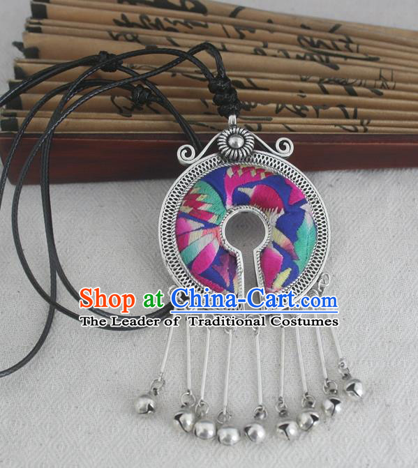 Chinese Miao Sliver Ornaments Embroidered Necklace Traditional Hmong Handmade Necklet Pendant for Women