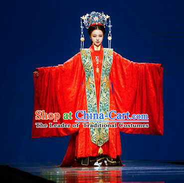 Chinese Ancient Ming Dynasty Empress Wedding Embroidered Costumes and Headpiece Complete Set