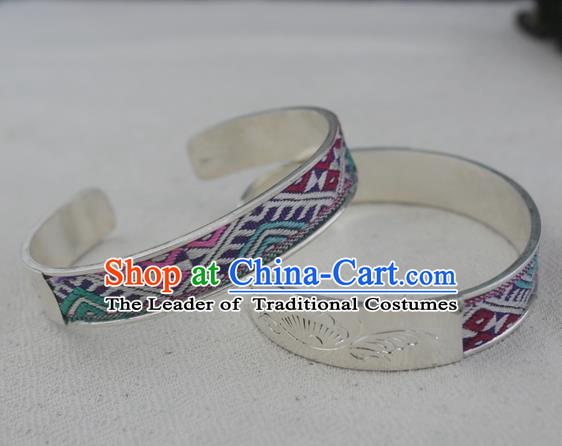 Chinese Miao Sliver Ornaments Bracelet Traditional Hmong Handmade Embroidered Sliver Bangle for Women