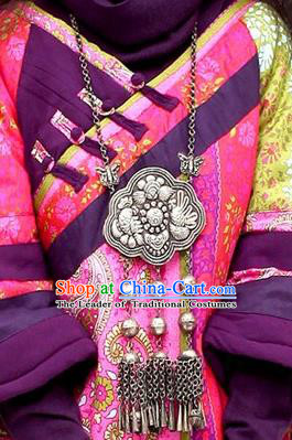 Chinese Miao Sliver Ornaments Necklace Longevity Lock Traditional Hmong Carving Necklet Pendant for Women
