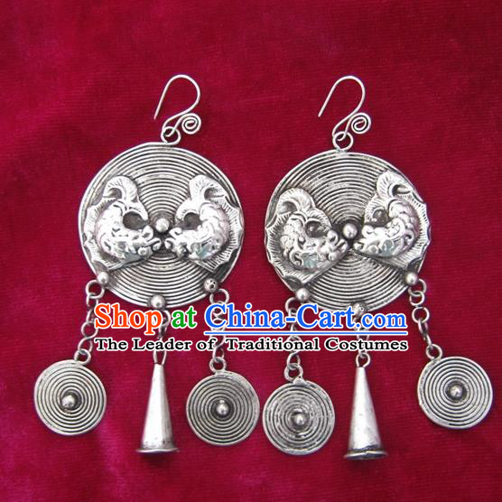Chinese Handmade Miao Sliver Bells Tassel Eardrop Hmong Nationality Earrings for Women