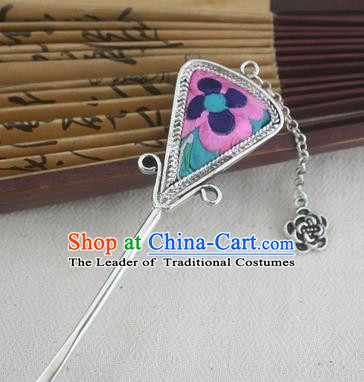 Traditional Chinese Miao Nationality Sliver Tassel Hair Clip Hanfu Embroidered Pink Hairpins Hair Accessories for Women