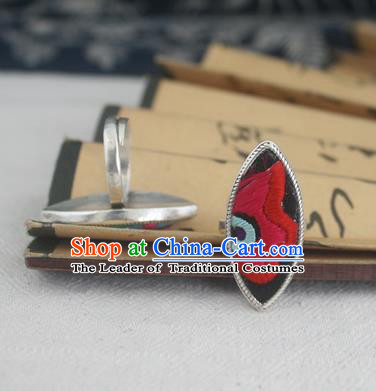 Chinese Traditional Miao Sliver Ornaments Willow Leaf Ring Traditional Hmong Embroidered Red Flower Rings for Women