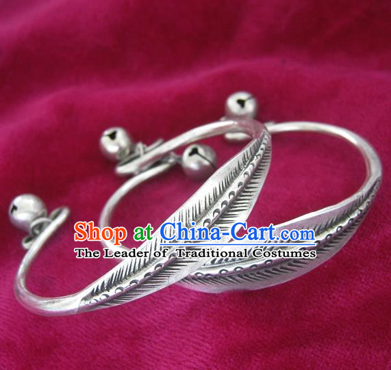 Chinese Miao Sliver Ornaments Leaf Bracelet Traditional Hmong Handmade Sliver Bangle for Women