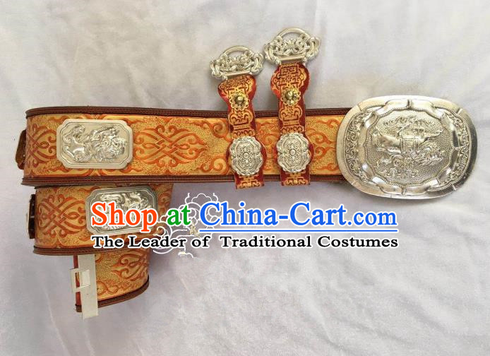 Traditional Chinese Mongol Nationality Leather Waistband Mongolian Robe Green Belts for Men