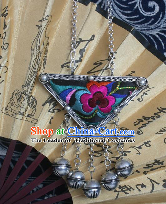 Chinese Miao Sliver Bells Tassel Sweater Chain Ornaments Traditional Hmong Embroidered Necklace for Women