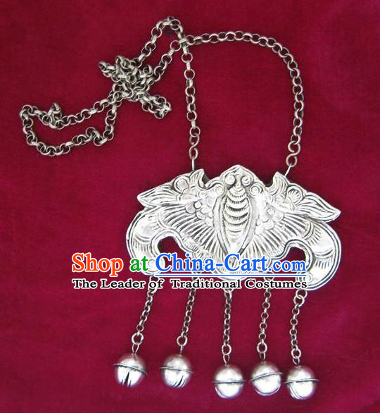 Traditional Chinese Miao Sliver Carving Bat Necklace Hmong Ornaments Longevity Lock for Women