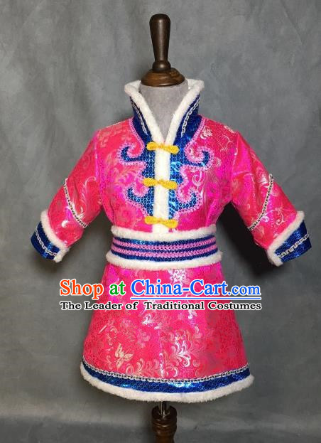 Chinese Traditional Mongol Nationality Pink Mongolian Robe, China Mongolian Minority Folk Dance Ethnic Costume for Kids