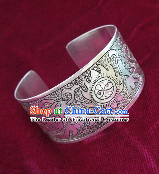 Handmade Chinese Miao Nationality Carving Phoenix Bracelet Traditional Hmong Sliver Bangle for Women