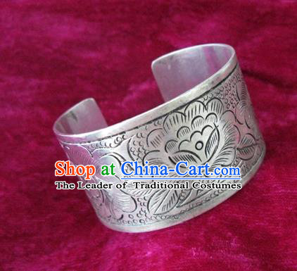 Handmade Chinese Miao Nationality Carving Peony Bracelet Traditional Hmong Sliver Bangle for Women