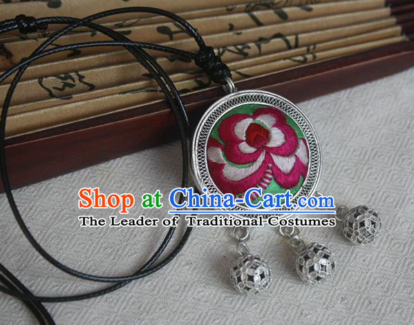 Traditional Chinese Miao Sliver Embroidered Peony Green Necklace Hmong Ornaments Minority Headwear for Women