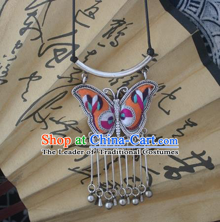 Chinese Miao Sliver Traditional Embroidered Orange Butterfly Necklace Hmong Ornaments Minority Headwear for Women