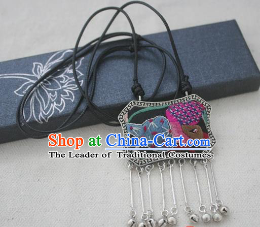 Chinese Miao Sliver Traditional Embroidered Necklace Hmong Ornaments Minority Longevity Lock Headwear for Women