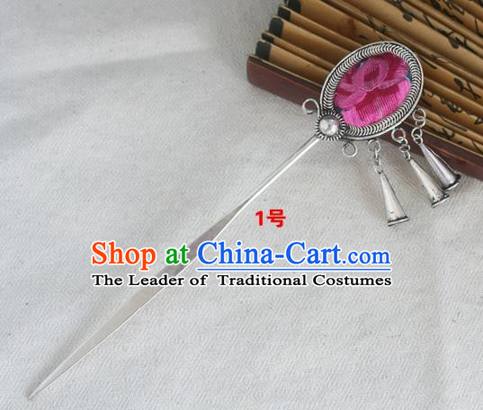 Traditional Chinese Miao Nationality Embroidered Pink Hair Clip Hanfu Sliver Hairpins Hair Accessories for Women