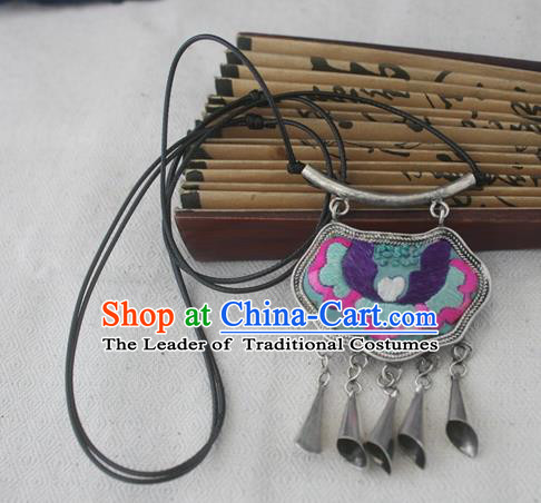 Chinese Miao Sliver Traditional Necklace Hmong Ornaments Minority Embroidered Longevity Lock Headwear for Women