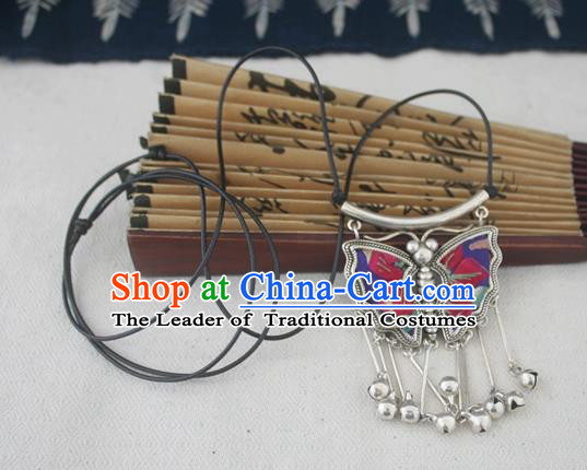 Chinese Miao Sliver Traditional Butterfly Necklace Hmong Ornaments Minority Embroidered Longevity Lock Headwear for Women
