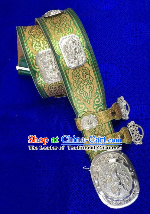 Traditional Chinese Mongol Nationality Green Leather Waistband Mongolian Robe Belts for Men