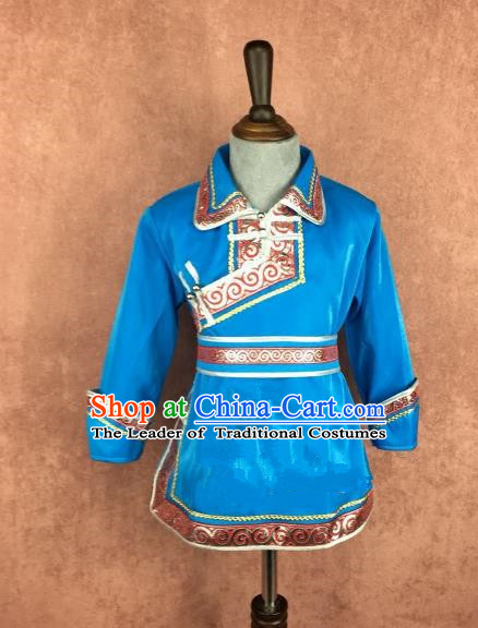 Chinese Traditional Mongol Nationality Blue Clothing, China Mongolian Minority Folk Dance Ethnic Costume for Kids