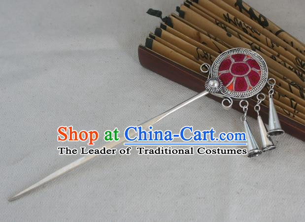Traditional Chinese Miao Nationality Embroidered Red Hair Clip Hanfu Sliver Hairpins Hair Accessories for Women
