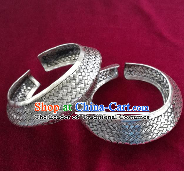 Handmade Chinese Miao Nationality Wide Bracelet Traditional Hmong Sliver Bangle for Women