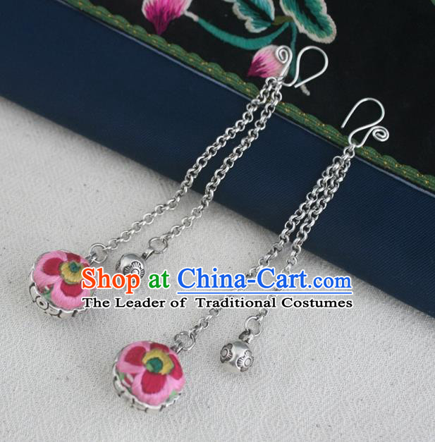 Traditional Chinese Miao Sliver Embroidered Pink Earrings Hmong Ornaments Minority Headwear for Women