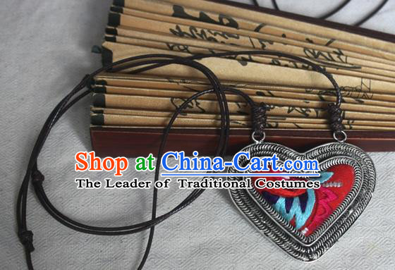 Traditional Chinese Miao Sliver Embroidered Red Necklace Hmong Ornaments Minority Sweater Chain for Women