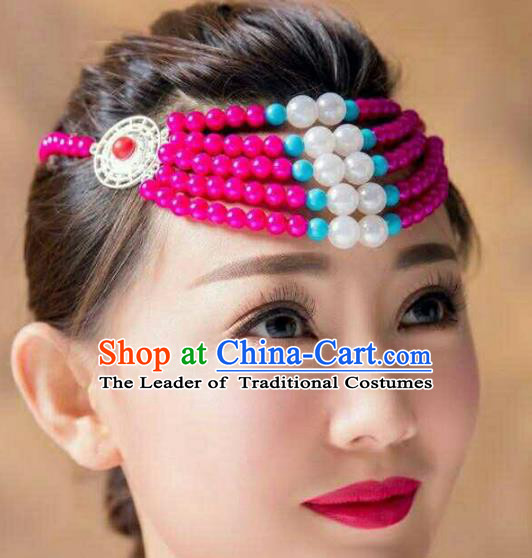 Chinese Traditional Mongol Stage Performance Hair Accessories, Mongolian Folk Dance Rosy Beads Headwear for Women