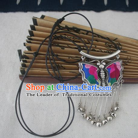 Chinese Miao Sliver Traditional Butterfly Tassel Necklace Hmong Ornaments Minority Embroidered Longevity Lock Headwear for Women