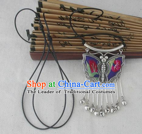 Chinese Miao Sliver Traditional Butterfly Bells Tassel Necklace Hmong Ornaments Minority Embroidered Longevity Lock Headwear for Women